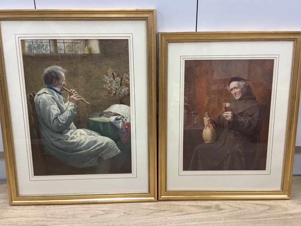 Henry Terry (1879-1920), two watercolours, a flautist, 45.5 x 33.5 cm and a monk with a glass of wine, and 38 x 28.5 cm, both signed